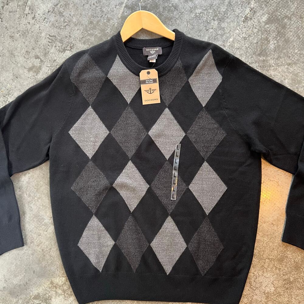 Dockers Sweater Mens Large Black Gray Argyle V-Neck Fine Gauge Soft NWT New - Picture 3 of 13